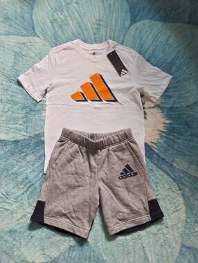 adidas Kids White Tee with Orange & Blue Logo and Gray Athletic Shorts